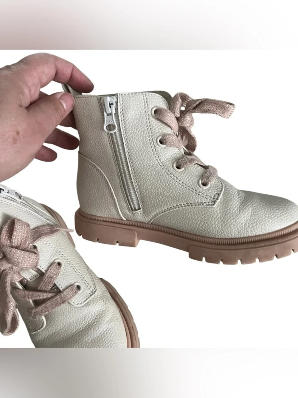 Cat & Jack Cream Leather Ankle Boots with Pink Laces